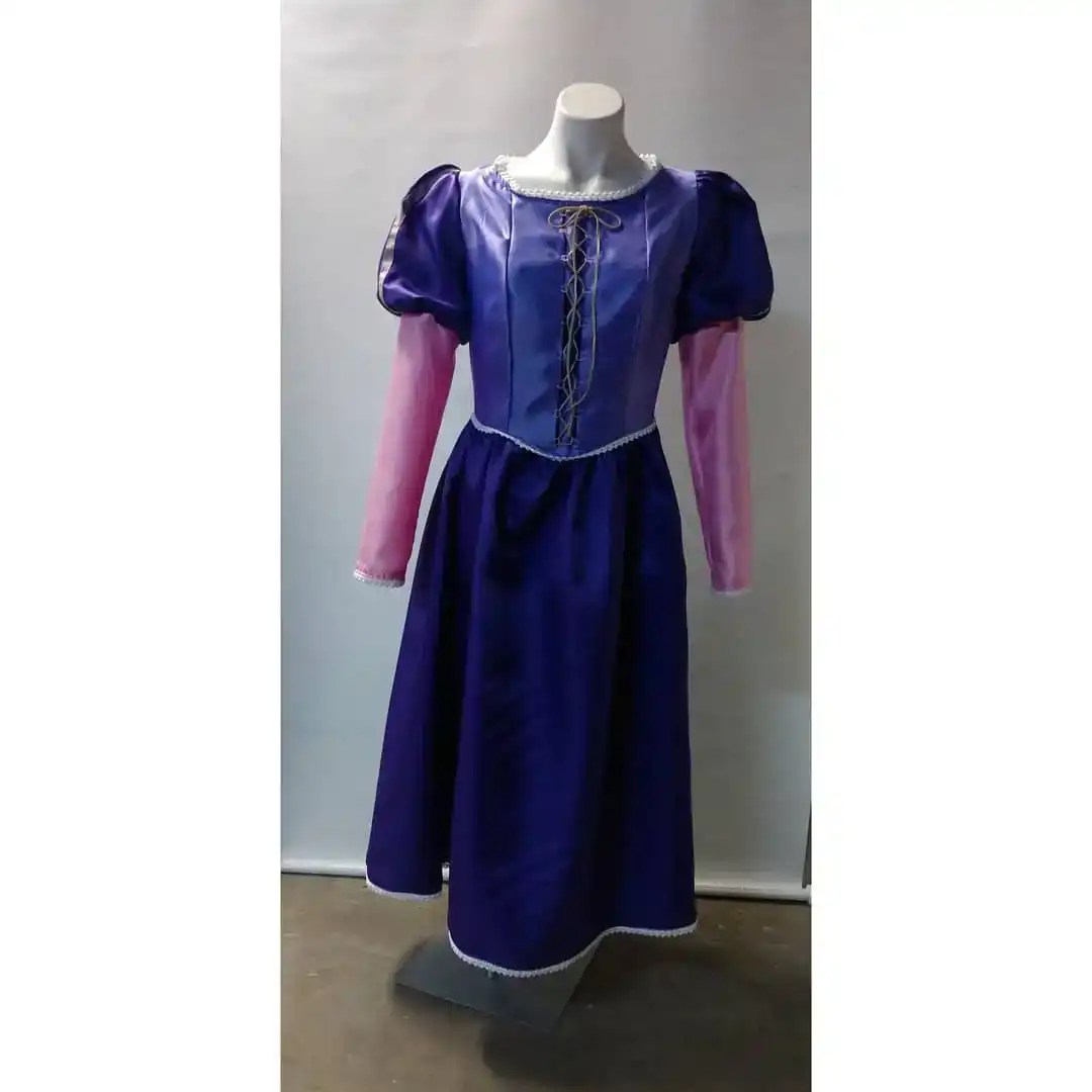 Purple satin costume-style dress with puff sleeves and pink sheer undersleeves on a mannequin.
