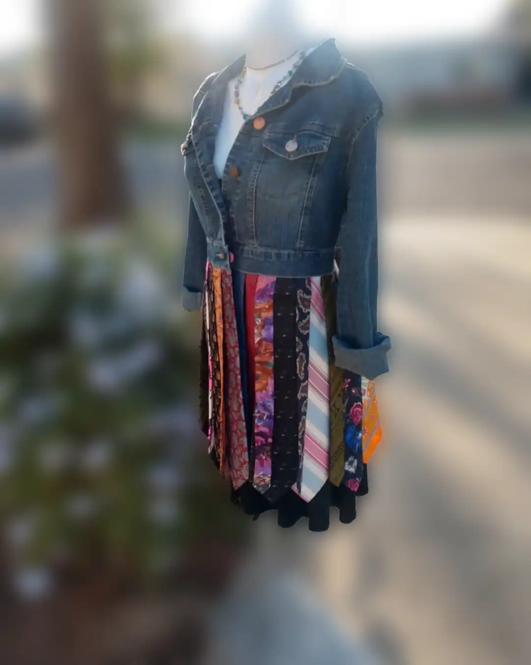 Side view of dress form wearing a cropped denim jacket and multicolor tie-neck skirt.